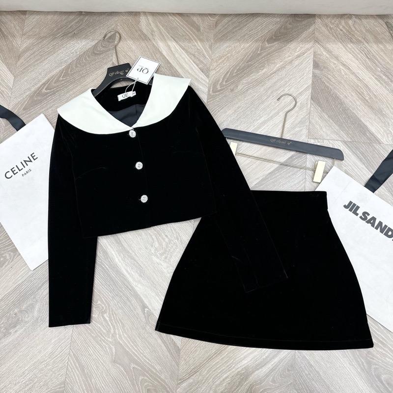 Set váy nhung cổ bèo trắng tiểu thư mix chân váy nhung 3