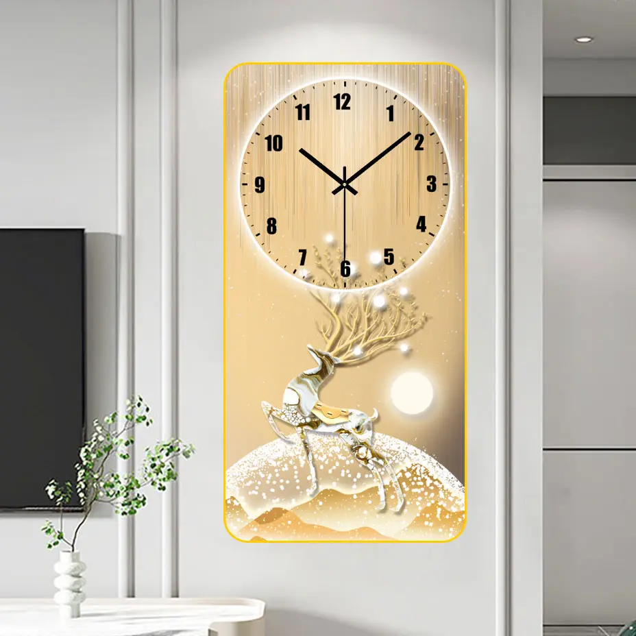 Tranh đồng hồ treo tường tráng gương pha lê UV hươu nai nghệ thuật cao cấp giá rẻ siêu đẹp {Tặng kèm pin,đinh treo}