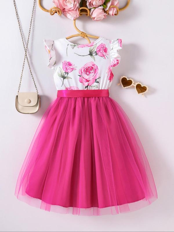 Girl's Floral Print Belted Dress, Casual Round Neck A Line Dress for Summer, Kids Clothes for Daily Wear 1