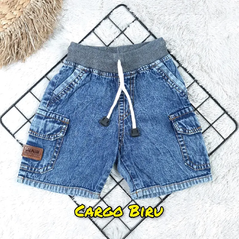 Jeans Cargo Anak Usia 1-4 Tahun, Bahan Jeans Wash 6.5oz, Warna Biru dan Hitam 1