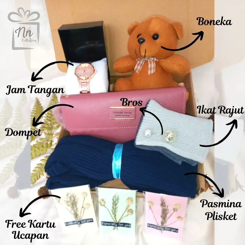 [NN Collection] Gift Box Ulang Tahun Anniversary Pacar | Hampers Cewek | Kado Kelulusan Wisuda | Hadiah Bingkisan Lebaran | Paket Souvenir Pernikahan | Boneka, Dompet, Jam Tangan Eksklusif, Pasmina, Bonus Kartu Ucapan Custom Sesuai Request 0