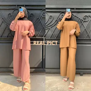 Auliya Setelan Knit oneset Wanita Lengan variasi kancing Celana Panjang model kulot Atasan Melar Setelan Wanita Bahan Knit Hornet