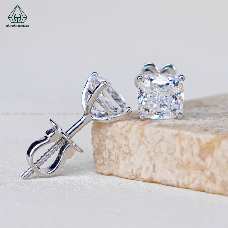 Đôi Bông Tai Bạc 925 Xi Kim Viên Chủ Đá CZ 7A Giác Cắt Cushion Chuôi Vặn EX086 Hà Tuấn Jewelry 0