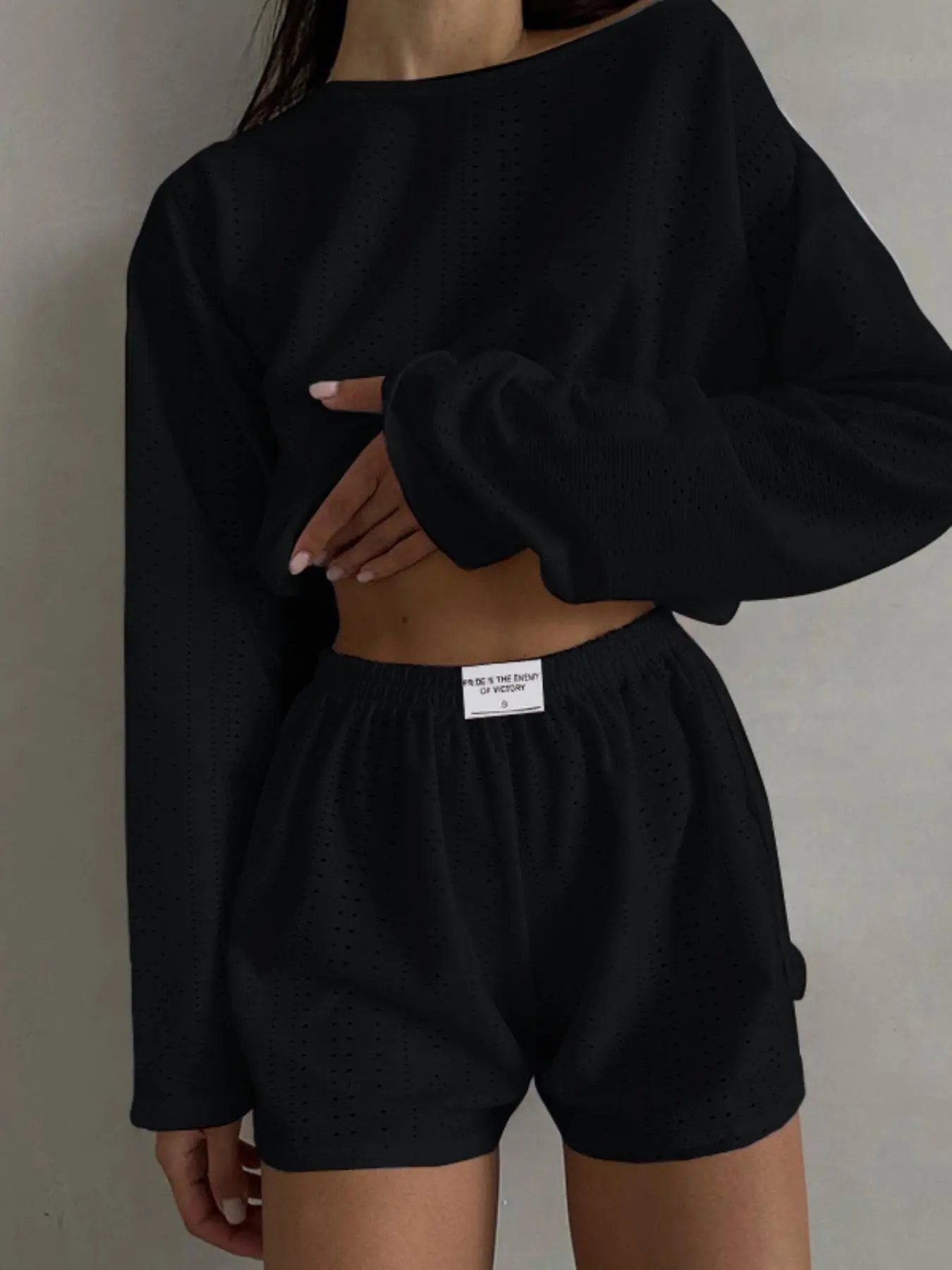 Two-piece Set Women's Solid Hollow Out Drop Shoulder Top & Shorts Pajama, Casual Comfy Round Neck Long Sleeve Top & Shorts Pj Set, Ladies Sleepwear for Spring & Fall
