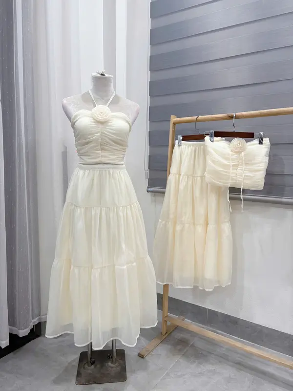 Váy Maxi Váy Đi Biển Set Váy Nữ Đi Biển Áo Cúp Ngực Đính Hoa Kèm Chân Váy Dáng Dài Chát Voan Tơ QC Mềm Mát 8