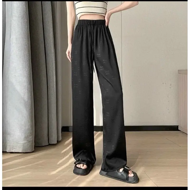 Quần lụa ống rộng dáng dài suông dập chìm chữ min cho nữ Mùa Hè Miu Siêu Đẹp Hàng Chuẩn women pants Ong Đen/hồng/trắng sữa Nhung 8