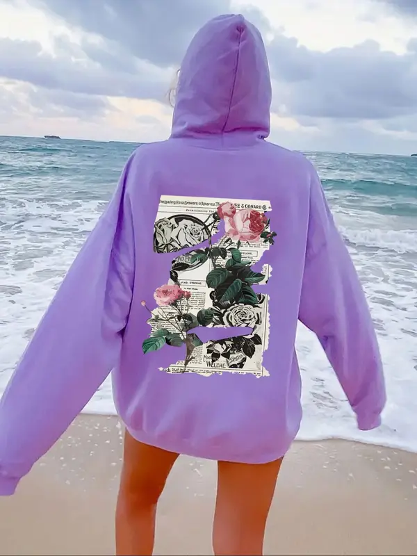 Women's Floral & Newspaper Print Drop Shoulder Hoodie, Fashion Casual Drawstring Pocket Hooded Sweatshirt for Daily Holiday Outdoor Wear, Women Clothes for Fall & Winter 6