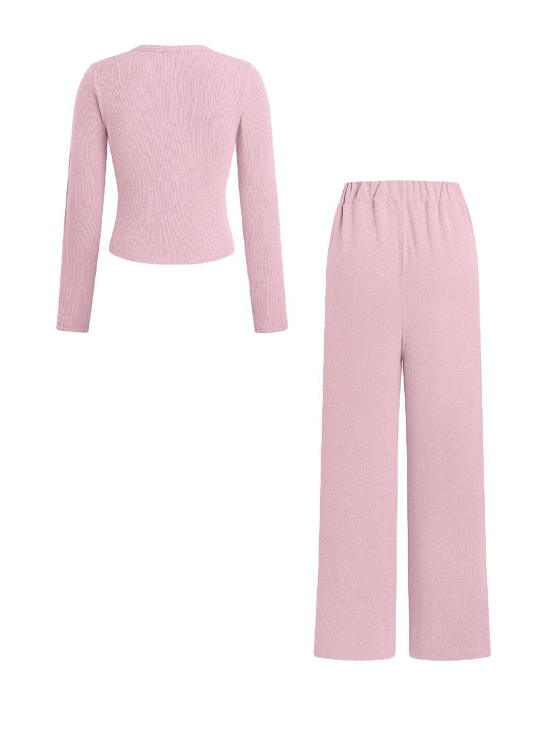 Product Introduction of Two-piece Set Women's Solid Button Front Ribbed Crop Top & Elastic Waist Pants, Casual Long Sleeve Round Neck Top & Trousers 2 Piece Set for Spring & Fall, Women's Clothes for Daily Wear, Sassyandclassyclothing 14
