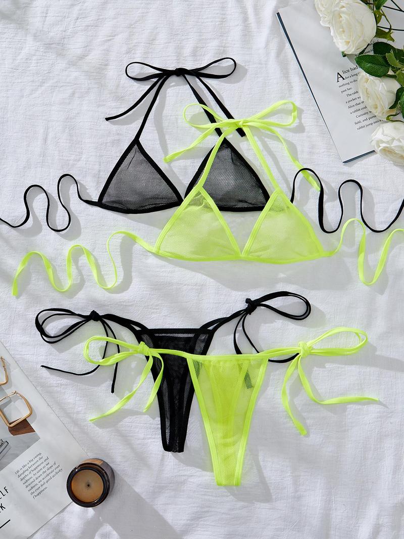 Product Introduction of Women's Solid Color Sheer Mesh Teddy Lingerie Set, Sexy Fashion Chic Tie Back  Bra & Tie Side Thong Set, Ladies Underwear for All Seasons 1