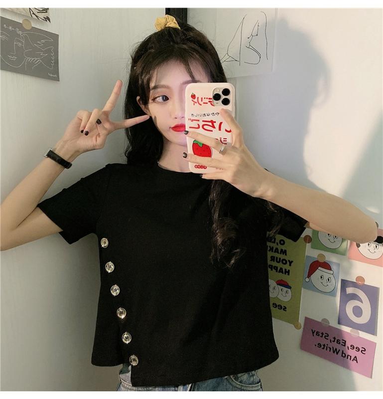 Product Introduction of Women's Short-Sleeved T-shirt 2020 Summer New Fashionable Stylish Ins Trendy Korean Versatile Short Type Design Sense Niche Top 8