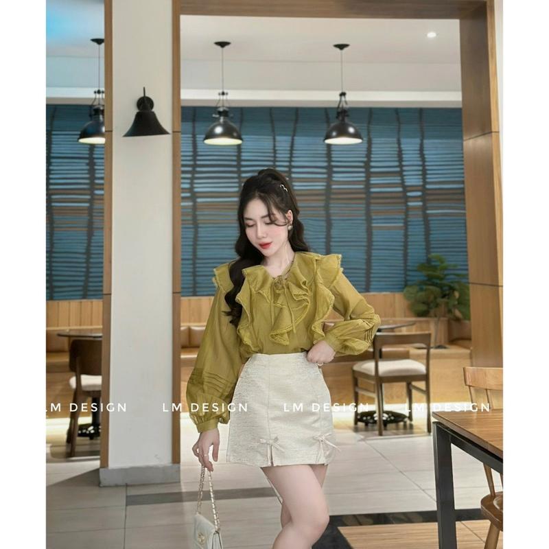 Product Introduction of Áo sơ mi đũi  2 lớp bèo tầng 3 màu xanh-trắng-be Nữ Top Women Shirt Cổ Tròn 1