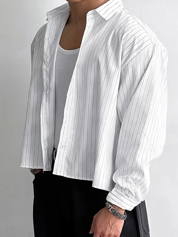 Men's Striped Print Long Sleeve Crop Shirt, High Stretch Casual Comfy Button Front Collared Top for Daily Wear, Men's Clothes for All Seasons,  Streetwear 2