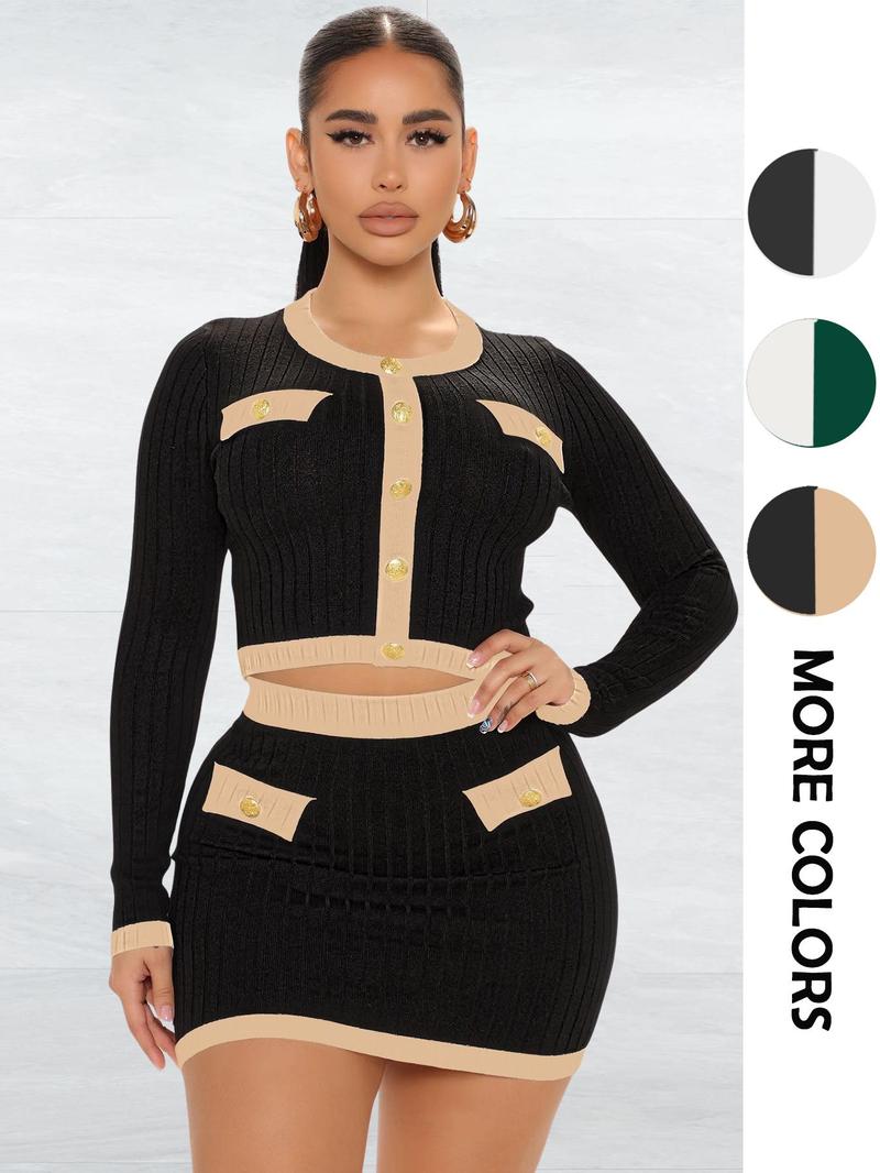 Product Introduction of Two-piece Set Women's Contrast Binding Button Front Crop Sweater & High Waist Skirt, Elegant Fashion Casual Round Neck Long Sleeve Top & Bodycon Skirt for Daily Outdoor Wear, Women's Clothing for Spring & Fall 1
