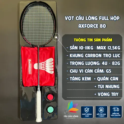  Vợt Cầu Lông Axforce 80 Full Hộp Cao Cấp - Căng Dây Trợ Lực Kèm Quấn Cán Móc Khóa Túi Đựng Vợt  Căng Sẵn 10,5kg - Max 13,5kg  Sport Cán Vợt Thể Thao 