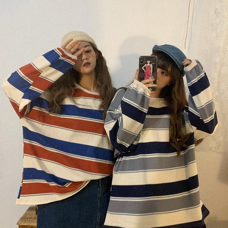 Áo Thun Nữ Hợp Xu hướng Áo Dài Tay Sọc, Phong Cách Thường Ngày Dáng Rộng Vừa Vặn, Áo Hoodie Dài Tay, Thích Hợp Cho Học Sinh, Áo Sơ Mi Cơ Sở, Áo Thun Dài Tay, 2025 0
