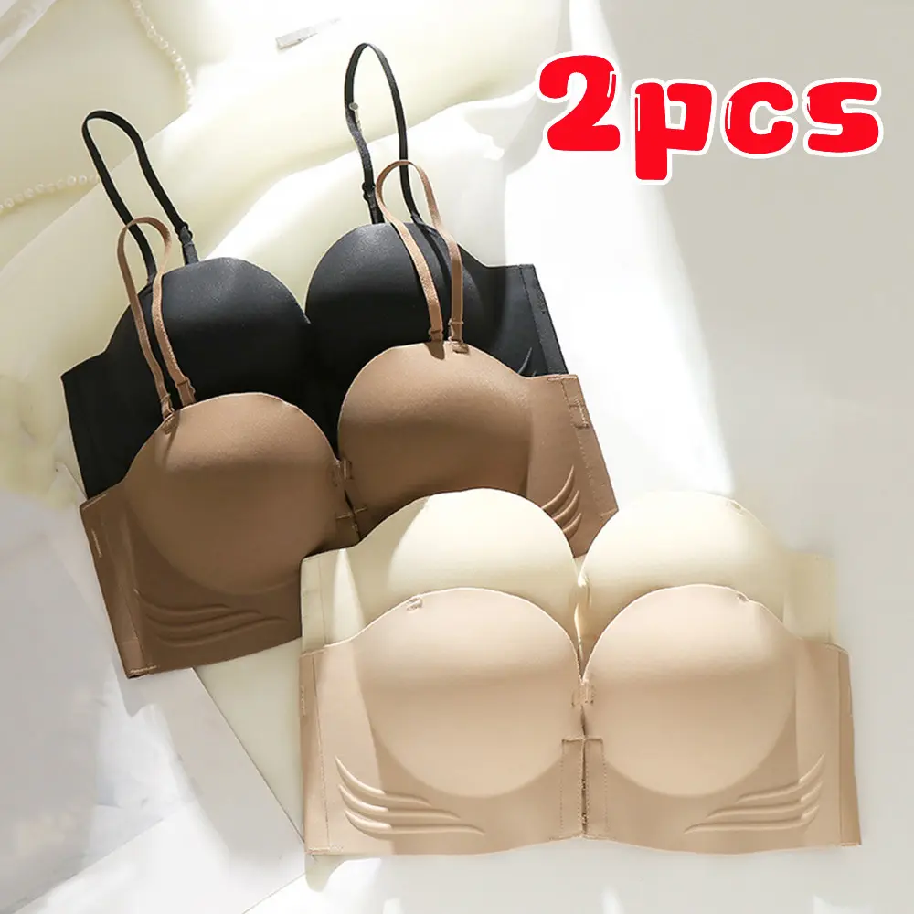 2 Pcs Push Up Seamless Bras For Women Wireless Soft Skin Friendly Front Buckle Lingerie With Detachable Shoulder Strap Bra