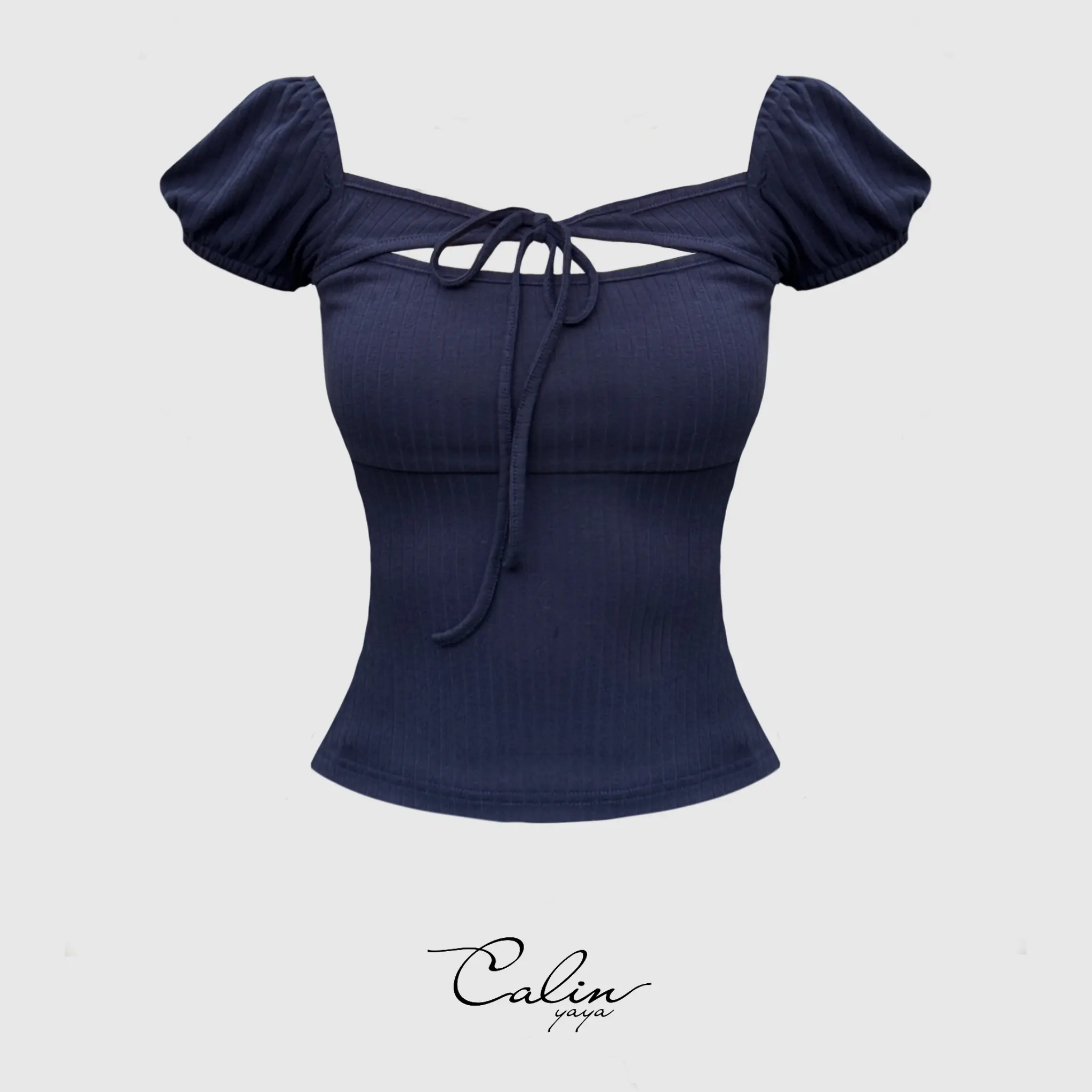 Gracy Top - Áo thun thiết kế buộc thắt nơ tay phồng màu xanh than ôm body