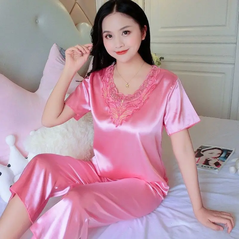 Bộ Đồ Ngủ Lụa Lạnh Mùa Hè, Ngoại Cỡ Dành Cho Nữ, Vải Lụa Ngắn Tay, Bộ Đồ Opaque, Hai Mảnh Quý Phái, Thích Hợp Mặc Nhà, Mùa Hè
