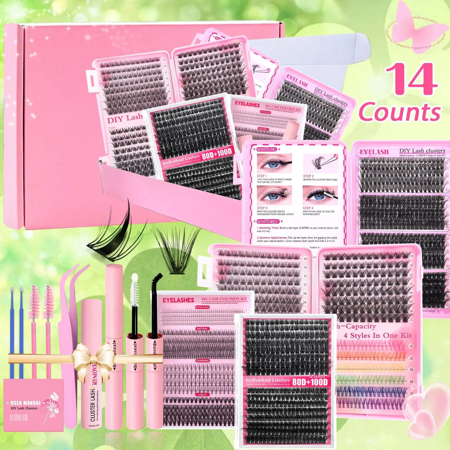 Fluffy Individual Lash Clusters Kit, 1 Set Natural Look & Extra Thick & Long Lasting & Reusable Lashes with Bond and Seal & Tweezers & Brushes, Cosmetic