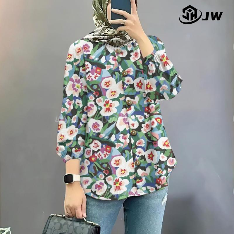 Product Introduction of Baju Raya 2025 Viral Nude Blouse Puff Sleeve Muslim Shirt Long Dress Korean Style Muslimah Small Floral Muslim Shirt + Skirt Set 29