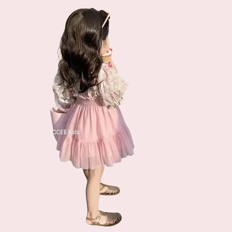 Bộ váy 2 chi tiết áo sơ mi hoa nhí thô cho bé gái 8-22kg 0