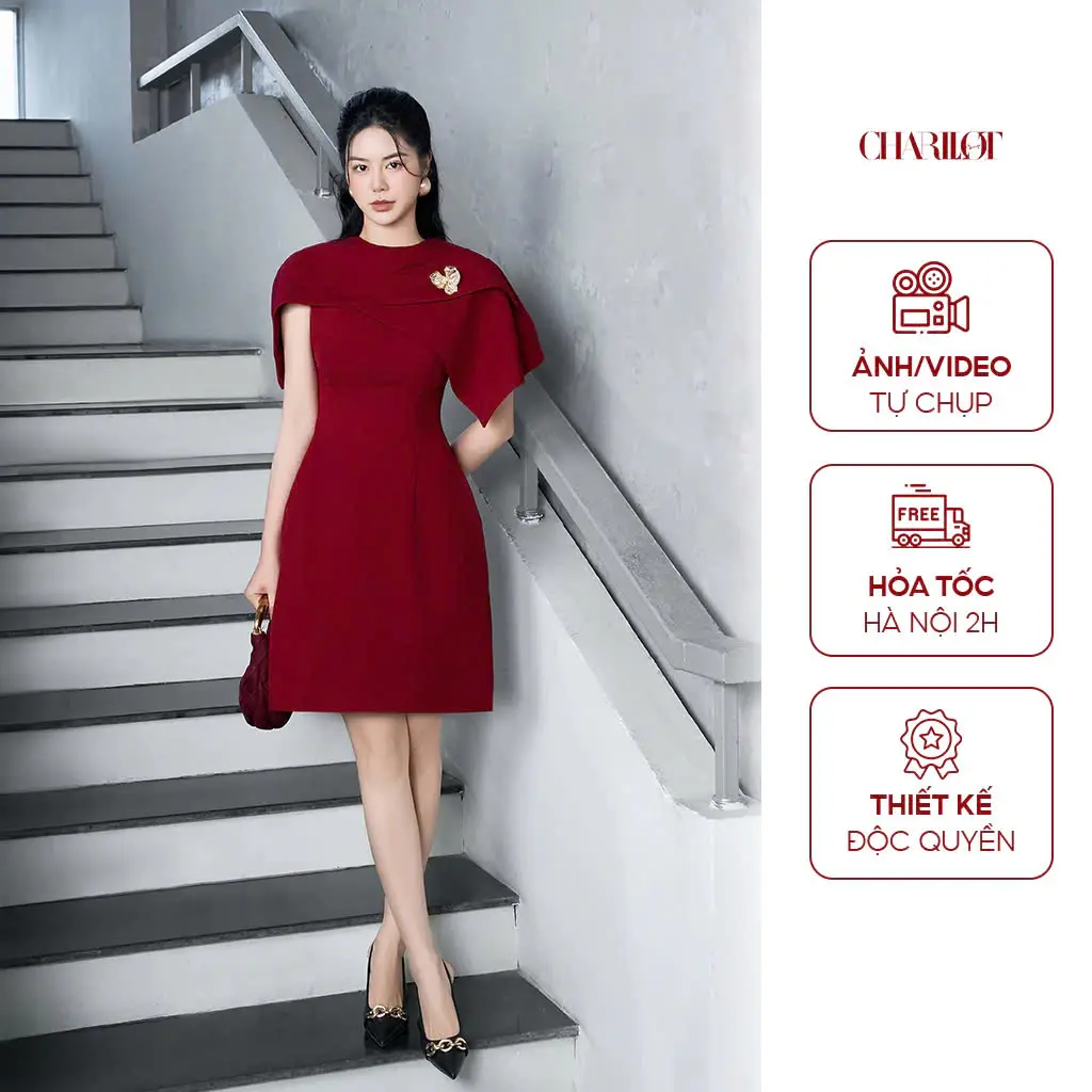 Váy Nữ Công Sở CHARLLOT Vạt Cách Điệu Tag Vàng Thanh Lịch 2 Màu Đỏ/Đen CL317