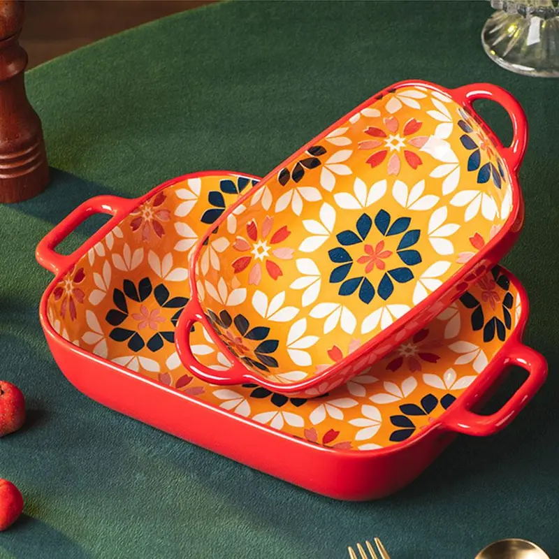 Floral Pattern Rectangular Baking Dish, 1 Count Double Handle Baking Pan, Baking Tray, Kitchenware for Home Use, Housewarming Gift 0