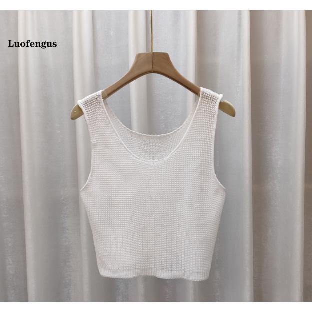Women's Crochet Knit Tank Tops Casual Loose Fitting Round Neck Sleeveless Showing Navel Solid Color Shirt for Summer 3