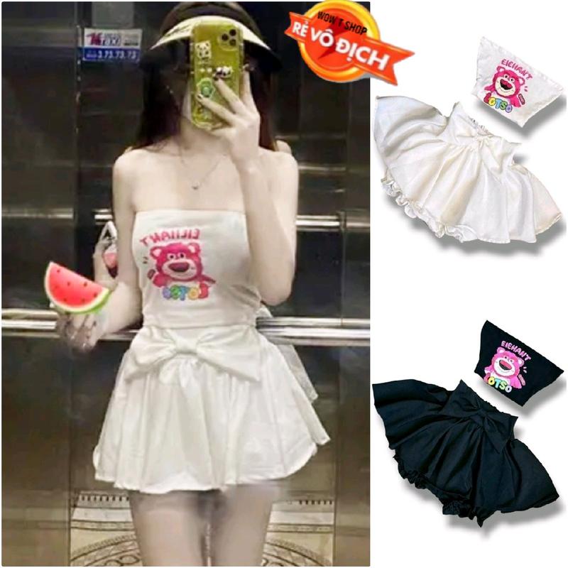 Sét bộ nữ áo croptop quây ống in hình kute kèm chân váy nơ có quần lưng thun màu trắng, đen Free Size hot style