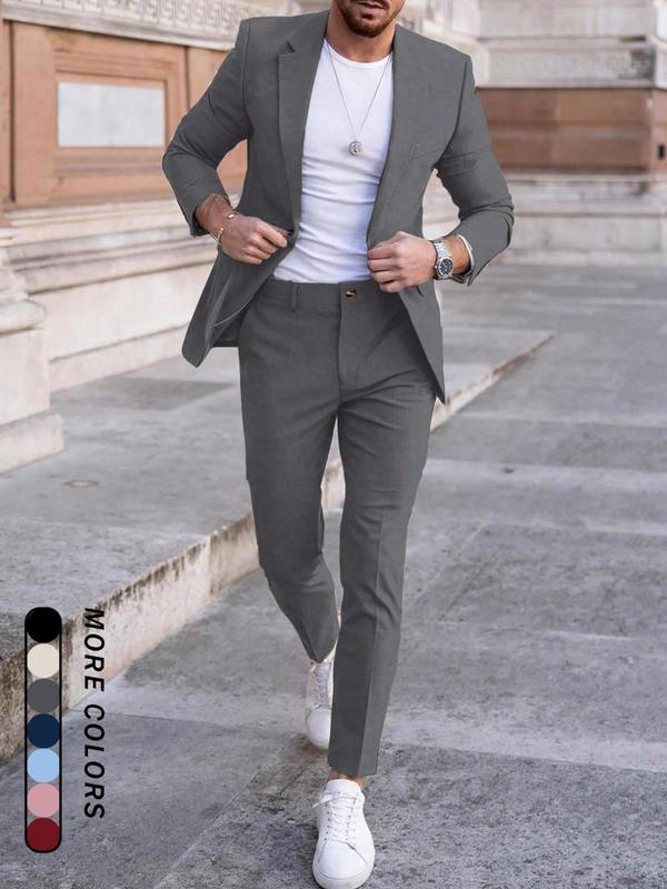 Men's Solid Color Business Suit Set, Slim Fit Lapel Neck Blazer & Pants, Men's Summer Clothes for Work Office Business, Menswear 2