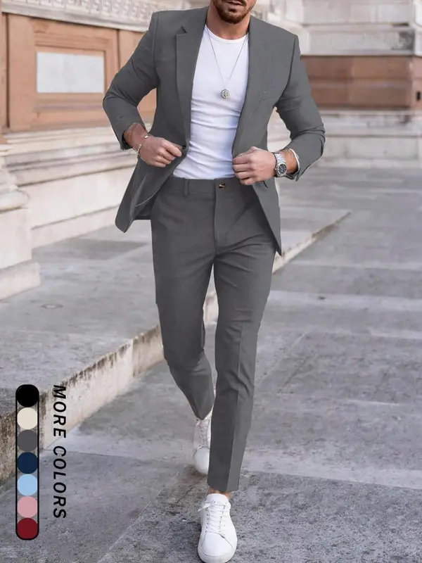Men's Plain Business Suit Set, Slim Fit Lapel Neck Blazer & Pants, Men's Summer Clothes for Work Office Business, Menswear 2