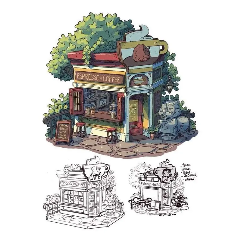 Cửa hàng, cửa tiệm, nhà hàng - Set 30 Tờ Tranh Tô Màu A4 A5 Cho Màu Sáp, Màu Chì , Màu Nước - TRANH TÔ MÀU COLOR LAND 0