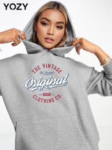 YOZY Women's Letter Print Drop Shoulder Hoodie, Vintage Fashion Casual Pocket Hooded Sweatshirt for Daily Holiday Outdoor Wear, Women Clothing for Fall & Winter