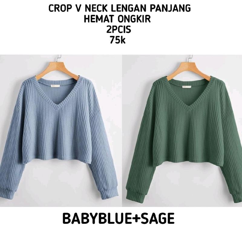 Promo 2pcis Crop V Neck Lengan Panjang Wanita - Baju Knitwear Nyaman - Formal, Midi kemeja vest jumbo 9