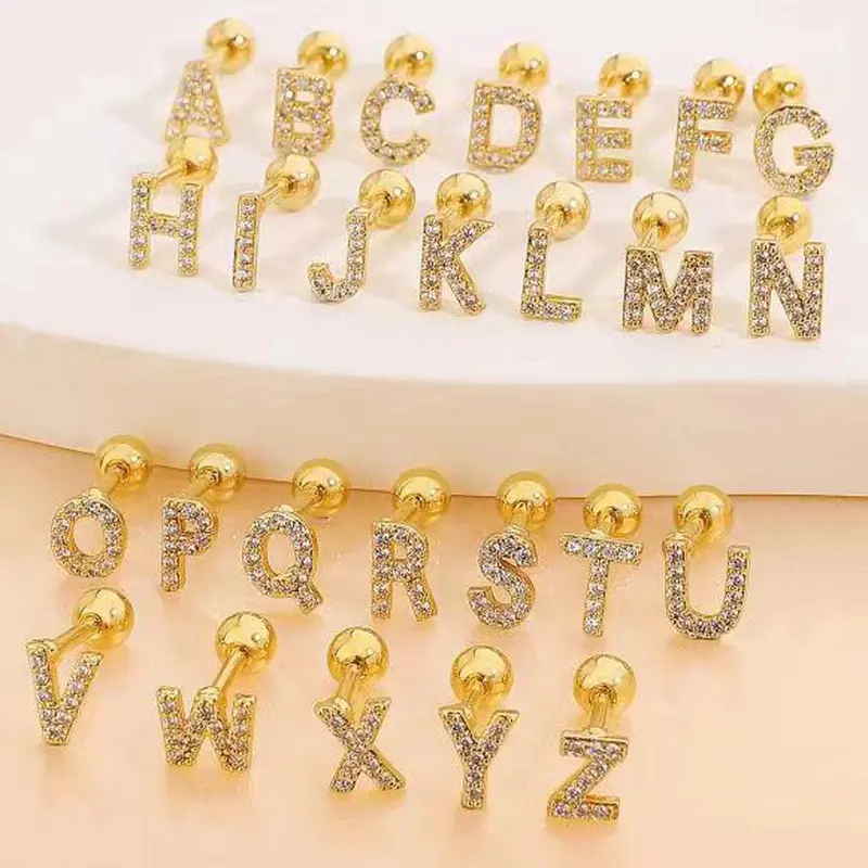 Bông Tai Đinh Tán Xương Tai, Dát Zircon 26 Chữ Cái Tiếng Anh Phong Cách Cổ Điển Cá Tính, Đinh Tán Sợi Chữ Hợp Kim, Xỏ Lỗ Tai Women Khuyên Tai Women Khuyên Tai Hoa Tai Titan 3