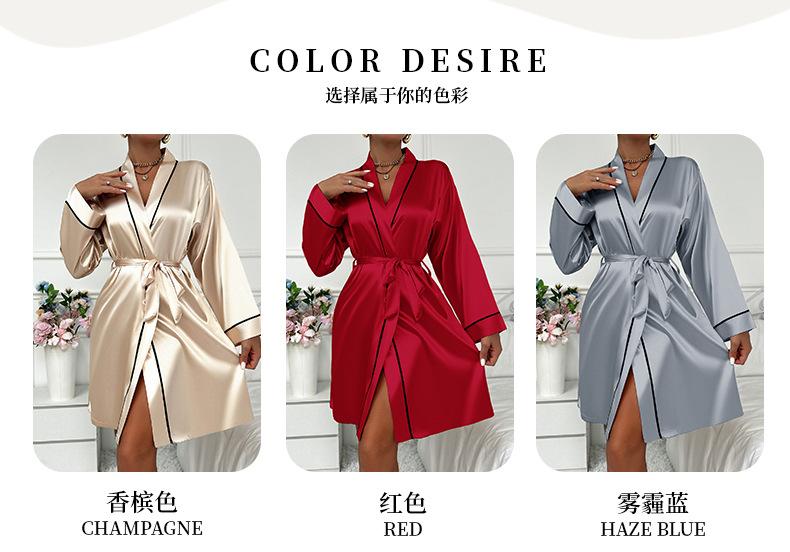 Product Introduction of 2025 Simple Four Seasons Long Sleeve Robe Cardigan Tie Women'S Bathrobe Loungewear European And American Style Imitation Silk Pajamas 3