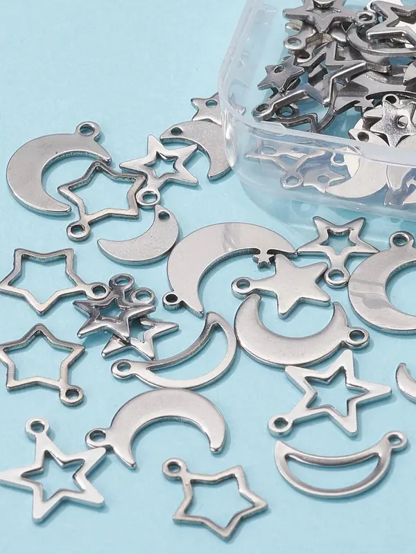 Minimalist Star & Moon Design Pendant (60pcs/box), Stainless Steel Pendant, DIY Jewelry Making Supplies for Bracelet Necklace Earrings 2