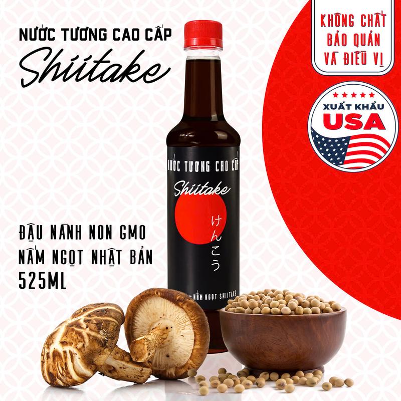 [525ml] Combo 2 Chai Nước tương cao cấp Shiitake lên men tự nhiên từ đậu nành và nấm ngọt Shiitake, chai nhựa 525ml.