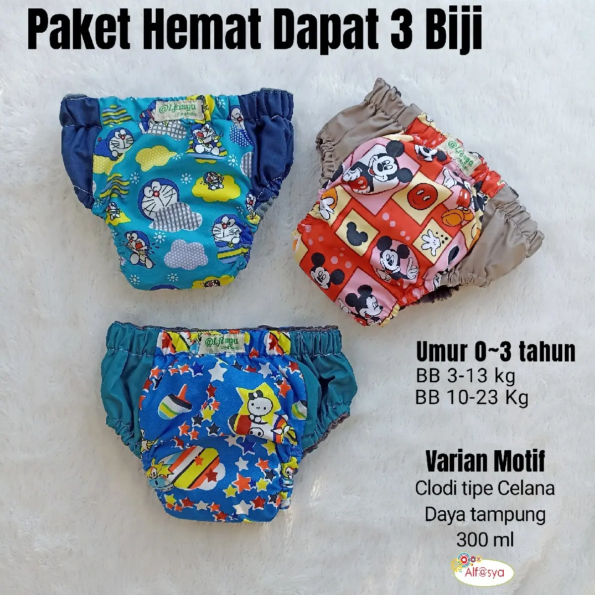 Popok Paket Hemat 3 Biji, Clodi tipe Celana Pant AIO Popok bayi / Anak termurah Popok Cuci Ulang