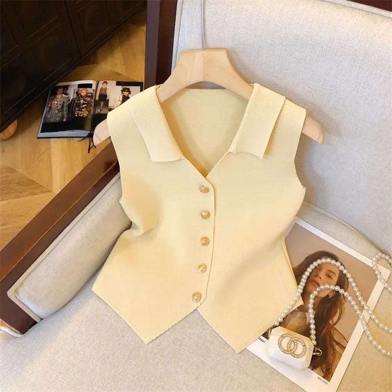 Áo Vest Dệt Kim Không Tay Phong Cách Pháp, Phong Cách Cổ Điển, Dành Cho Nữ, Thời Trang Mới, Thiết Kế Đi Lại, Cài Cửa, Dây Đeo Spaghetti Áo Yếm, Thích Hợp Cho Mùa Hè Top Women Áo Khoác
