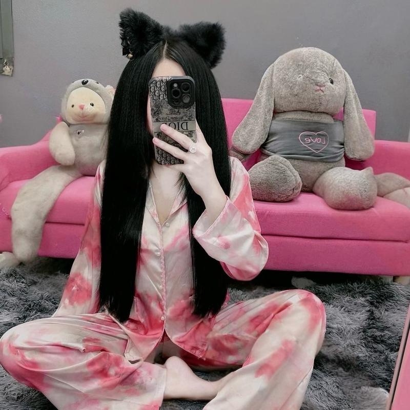 Sét bộ ngủ pijama hoạ tiết loang thiết kế QC chất lụa latin mềm mịn siêu sang freesize 40-60kg cho nữ - Women Nữ Áo Ngủ Quần Ngủ Nhung Kem Tim Ren Chỉ giặt tay Bathrobes & Dressing Gowns Voi Sen