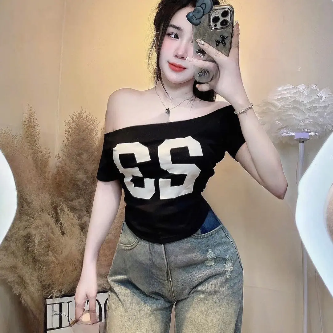 Áo bẹt vai tay ngắn thun bozip đủ màu in số 23 Women Nữ Top Shirt trễ vai aosang chanh
