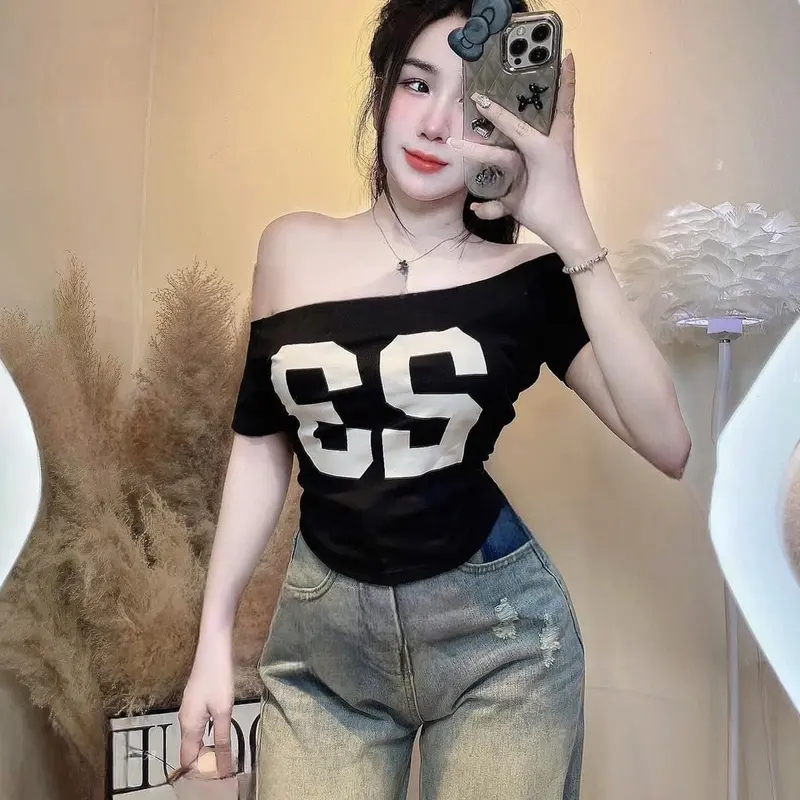 Áo bẹt vai tay ngắn thun bozip đủ màu in số 23 Women Nữ Top Shirt trễ vai aosang chanh 0
