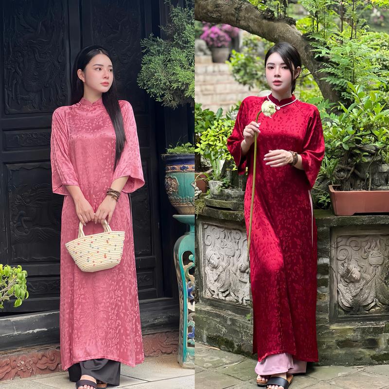 Tặng vòng Áo Dài Cách Tân Nữ Dáng Suông Vải Lụa Nhung Cao Cấp Họa Tiết Chiếc Lá - AD05 Dress Women Voan