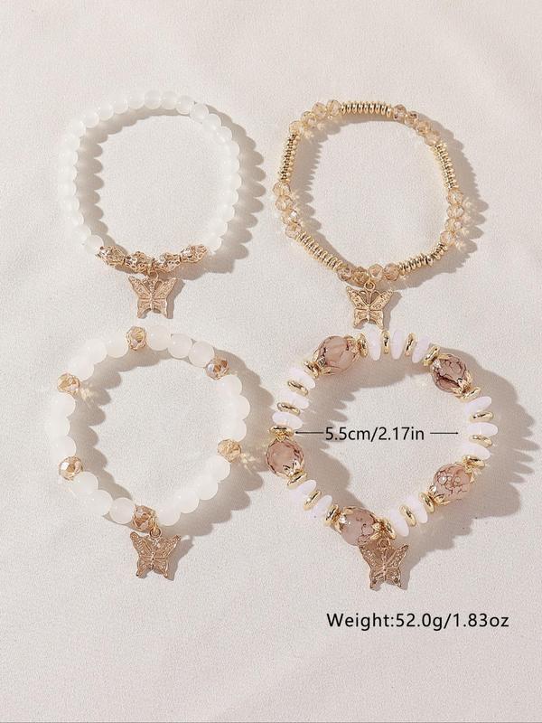 Fashionable Temperament Butterfly Charm Decor Beaded Bracelets, 4pcs/set Boho Style All-match Beaded Bracelet, Fashion Jewelry for Women & Girls 5