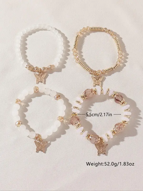 Fashionable Temperament Butterfly Charm Decor Beaded Bracelets, 4pcs/set Boho Style All-match Beaded Bracelet, Fashion Jewelry for Women & Girls 5