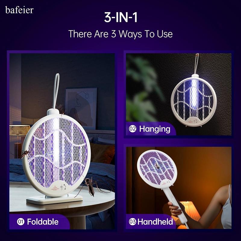 BAFEIER BAFEIER Electric Mosquito Fly Bug Zapper Racket, Foldable Bug Zapper Racket, Portable 3 in 1 Fly Swatter with Base, USB Rechargeable Mosquito Killer for Indoor Home Kitchen 2