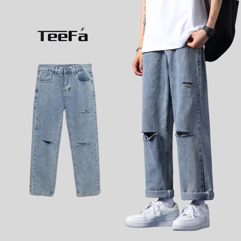 Quần jean baggy rách gối TEEFA RG-01 ống suông rộng style hàn quốc 2022 Menswear Pants Ong Có Túi