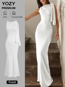 YOZY Women's Plain Ruched Ribbon Dress, Elegant Round Neck Sleeveless Evening Party Gown, Ladies Clothes for All Seasons