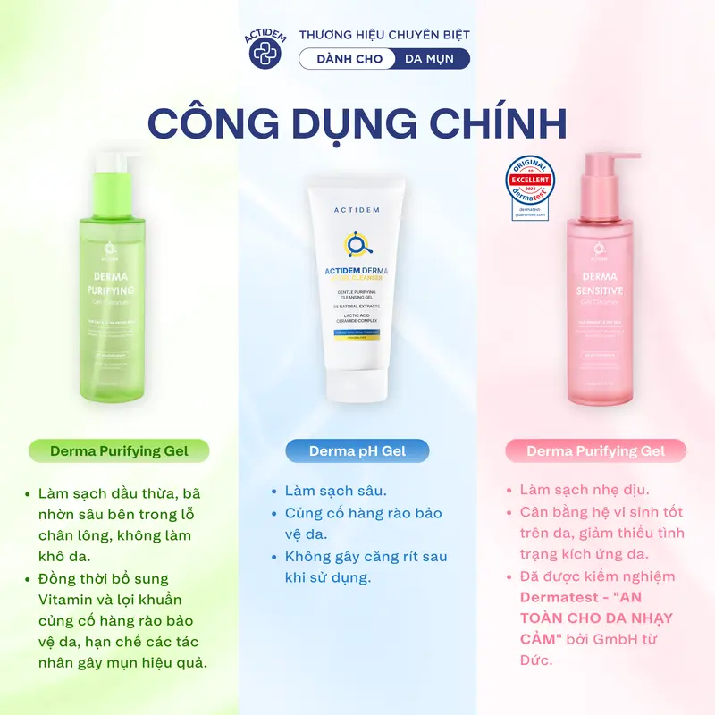 [Tặng 2 Quà Khi Mua 1 Tuýp] Gel rửa mặt giúp ngừa mụn cho da dầu, nhạy cảm, da hỗn hợp Actidem Derma pH/Sensitive/Purifying Gel Cleanser 30/150/180ml- ADS 1